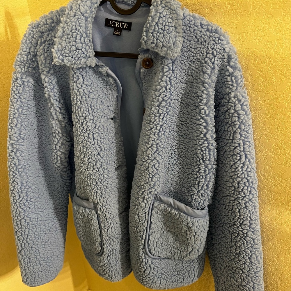 J crew Sherpa jacket in blue. Button down with pockets.